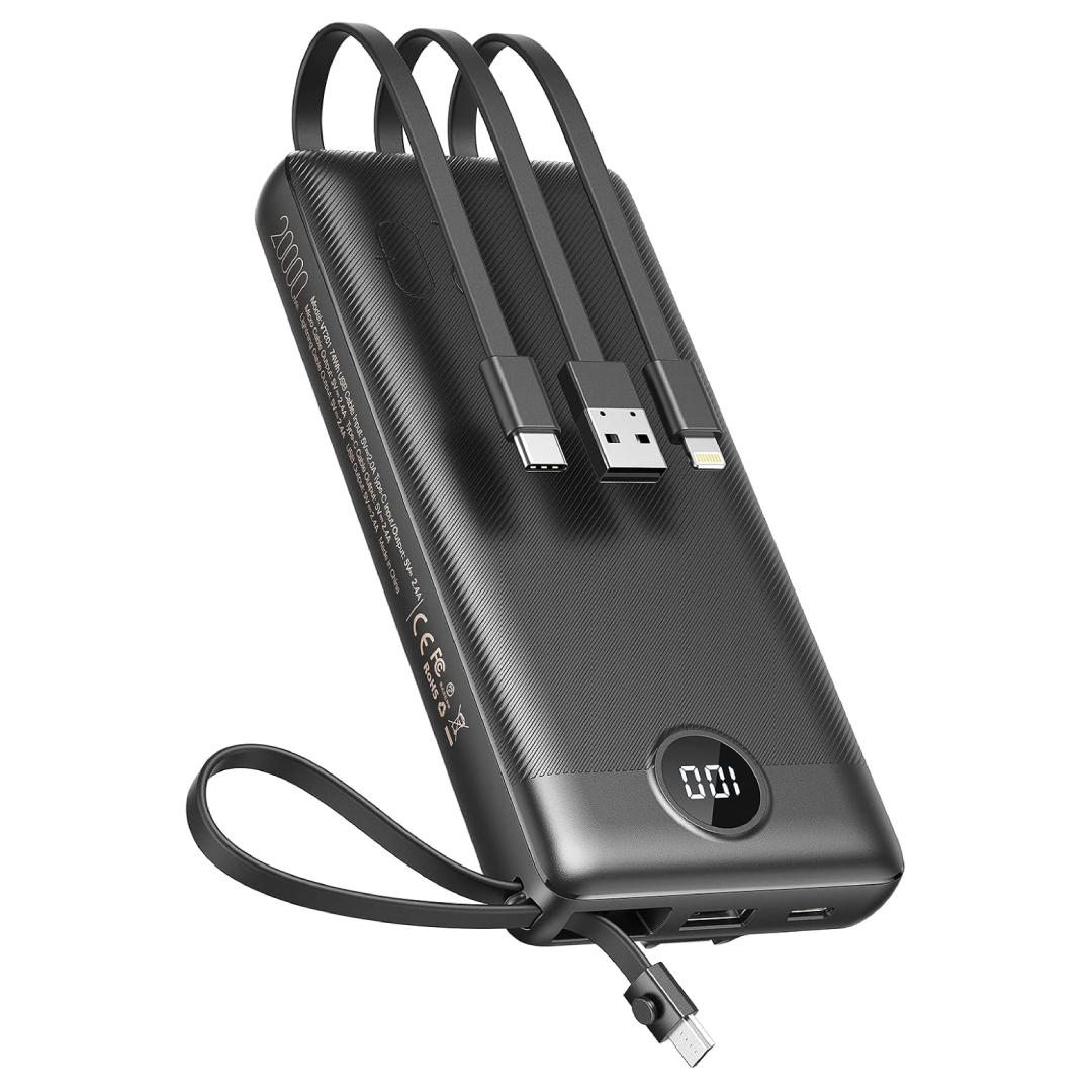 20000mAh power bank with built-in cables