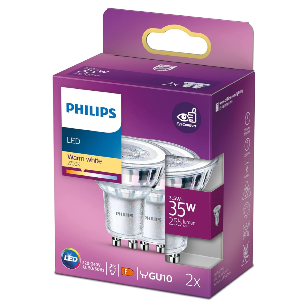 Philips LED GU10 bulbs 2 pack warm white