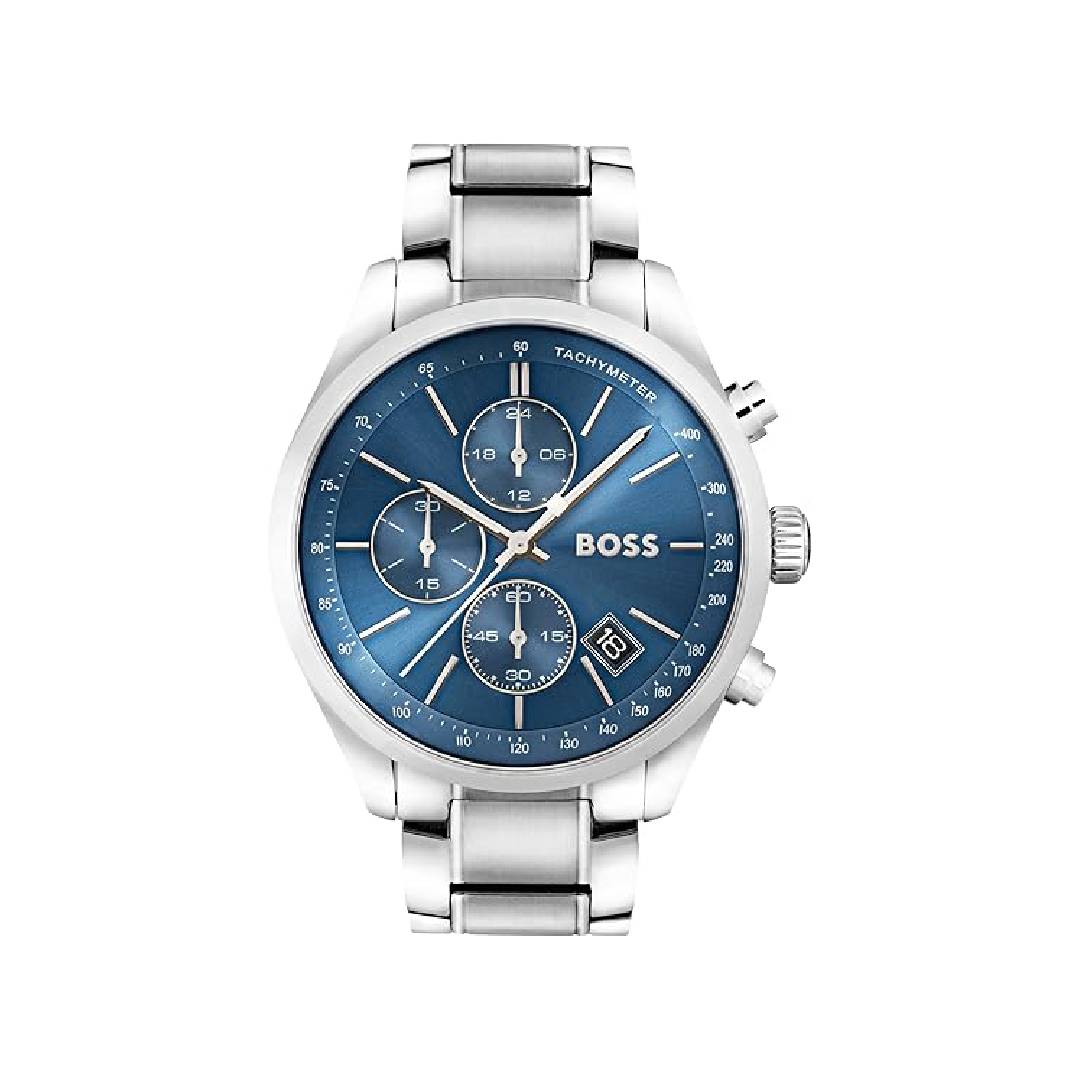 BOSS Men's 44mm Chronograph Quartz Watch GRAND PRIX collection with Blue Dial and Stainless Steel Bracelet