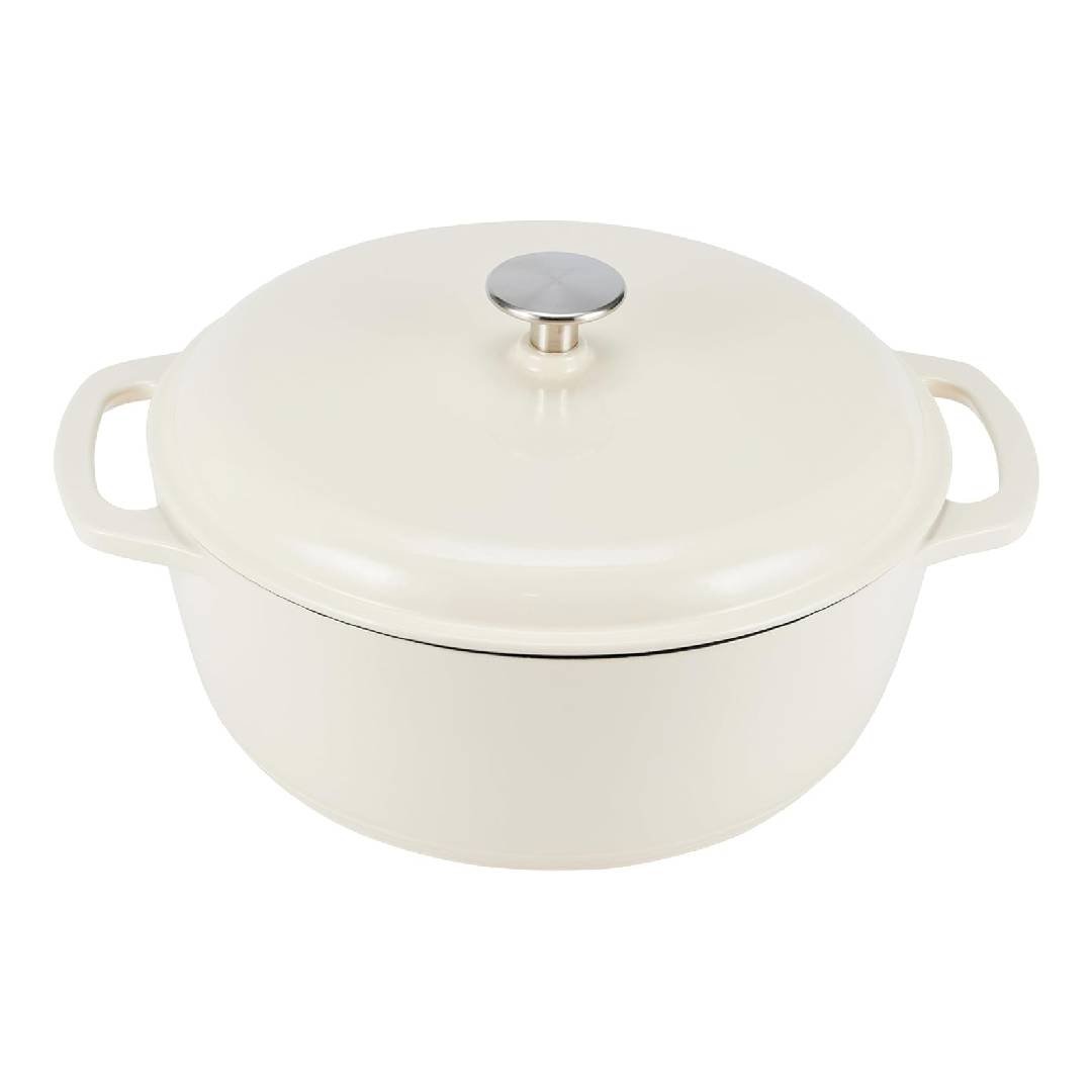 Amazon Basics Enameled Cast Iron Round Dutch Oven with Lid and Dual Handles, Heavy-Duty & Large, 7 L, White