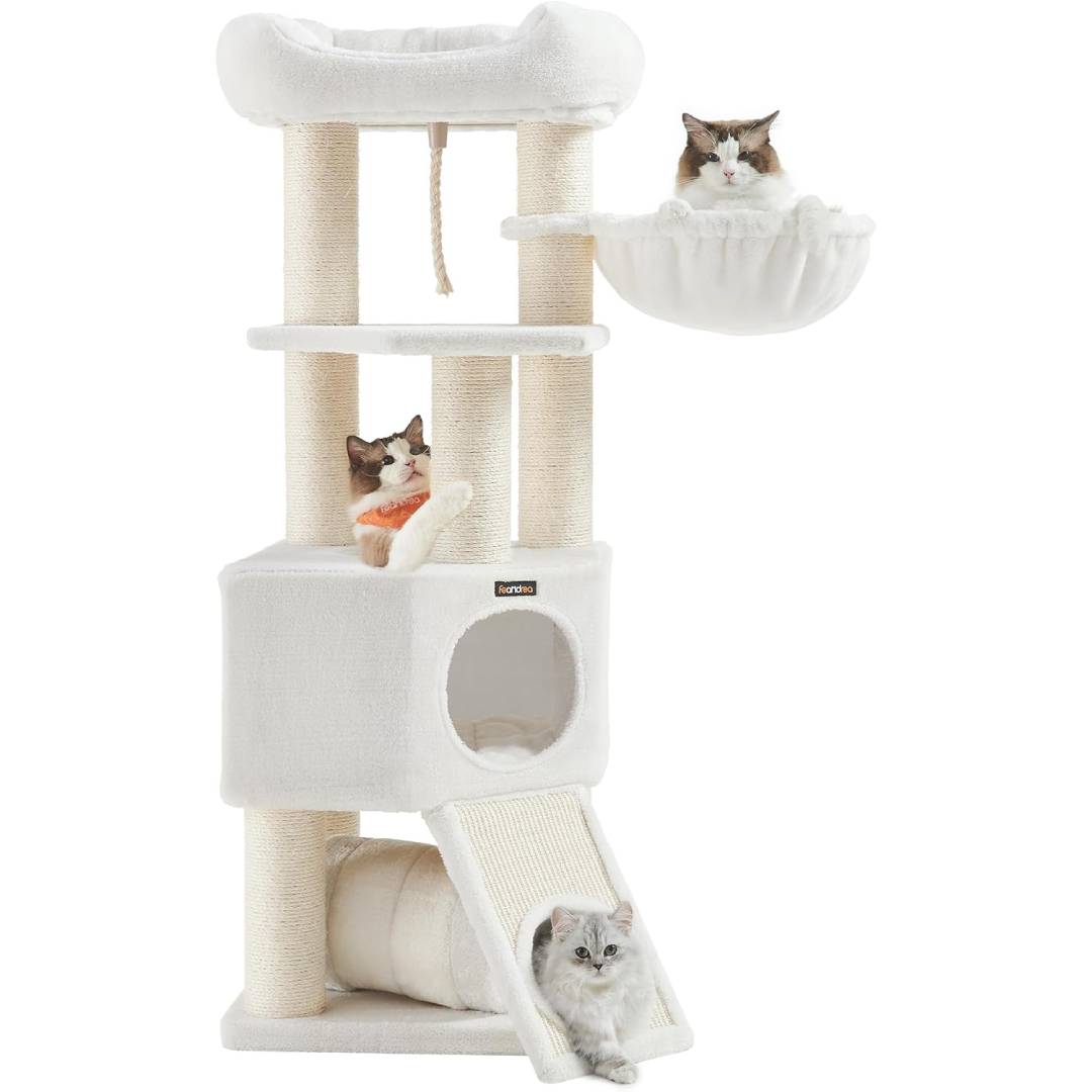 Feandrea Large Cat Scratching Post with Cave Hammock Plush Platform Tunnel Sisal Posts Scratching Board 50 x 50 x 141 cm Cream White PCT002T01
