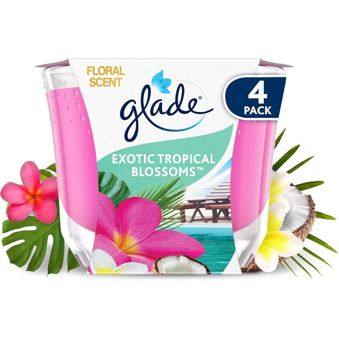 Glade Jar Candle, Scented Candle Infused with Essential Oils, Up to 44 Hour Burn Time, Tropical Blossoms, Pack of 4 (4 x 224g)