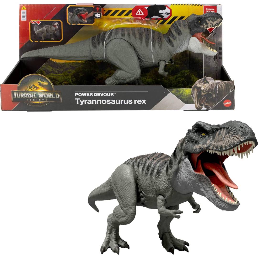 Mattel Jurassic World Rebirth Power Devour Tyrannosaurus Rex Dinosaur Figure with Tongue Activated Constant Chomp, Lights & Sounds, Digital Play, JGB50