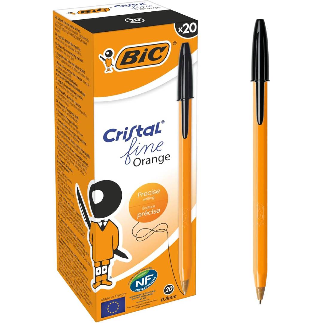 BIC Orange Fine, Ballpoint Pens, Writing Pens with Long-Lasting Ink, Fine Point (0.8 mm), Black Ink, Box of 20