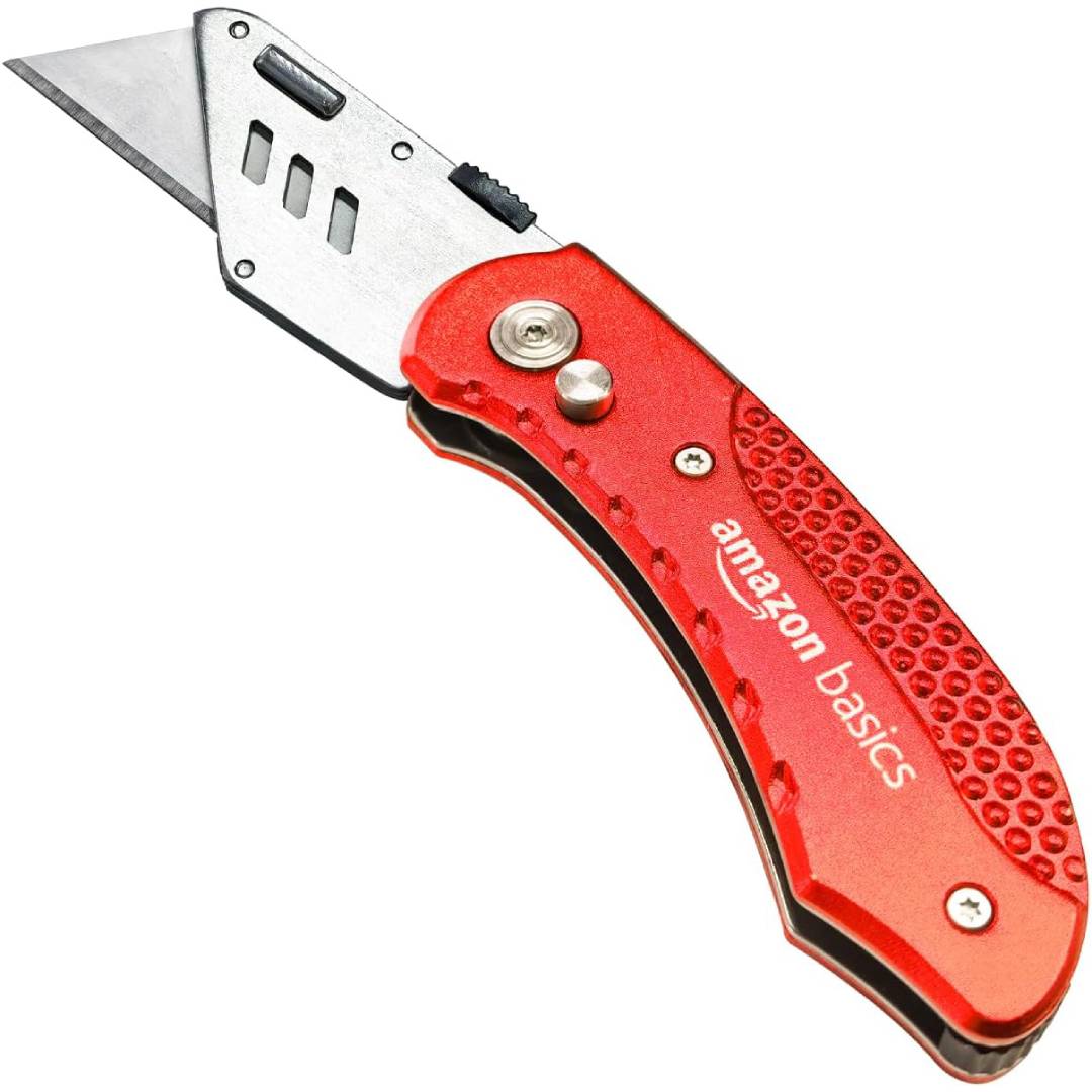 Amazon Basics Durable Folding Utility Knife with Aluminum Body, Red