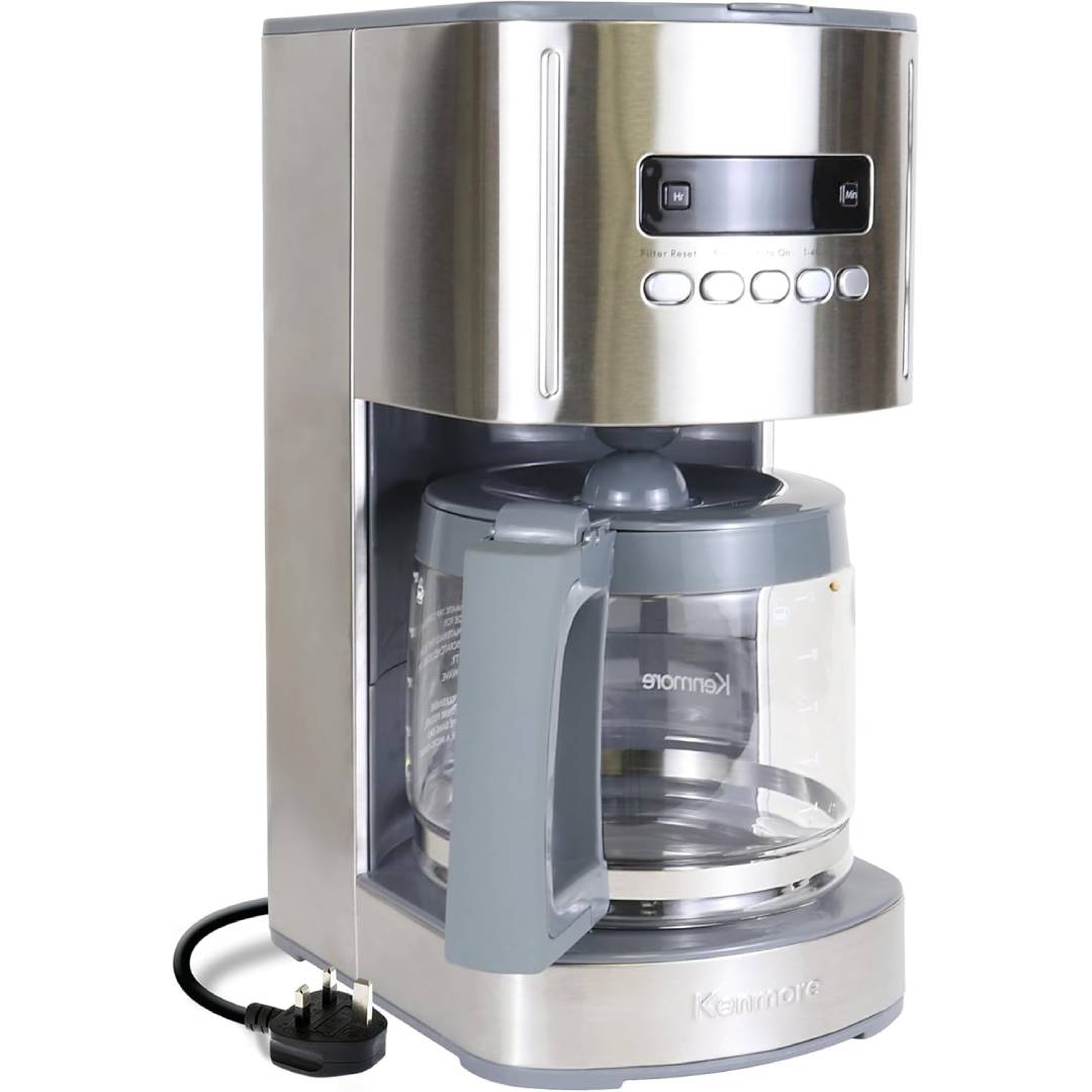 Kenmore Filter Coffee Machines 12-Cup Drip Coffee Makers with 1.8L Glass Pot for Ground Coffee Digital Display Programmable Timer Auto Shut Off Warming Plate Reusable Filter Kitchen Appliances Silver