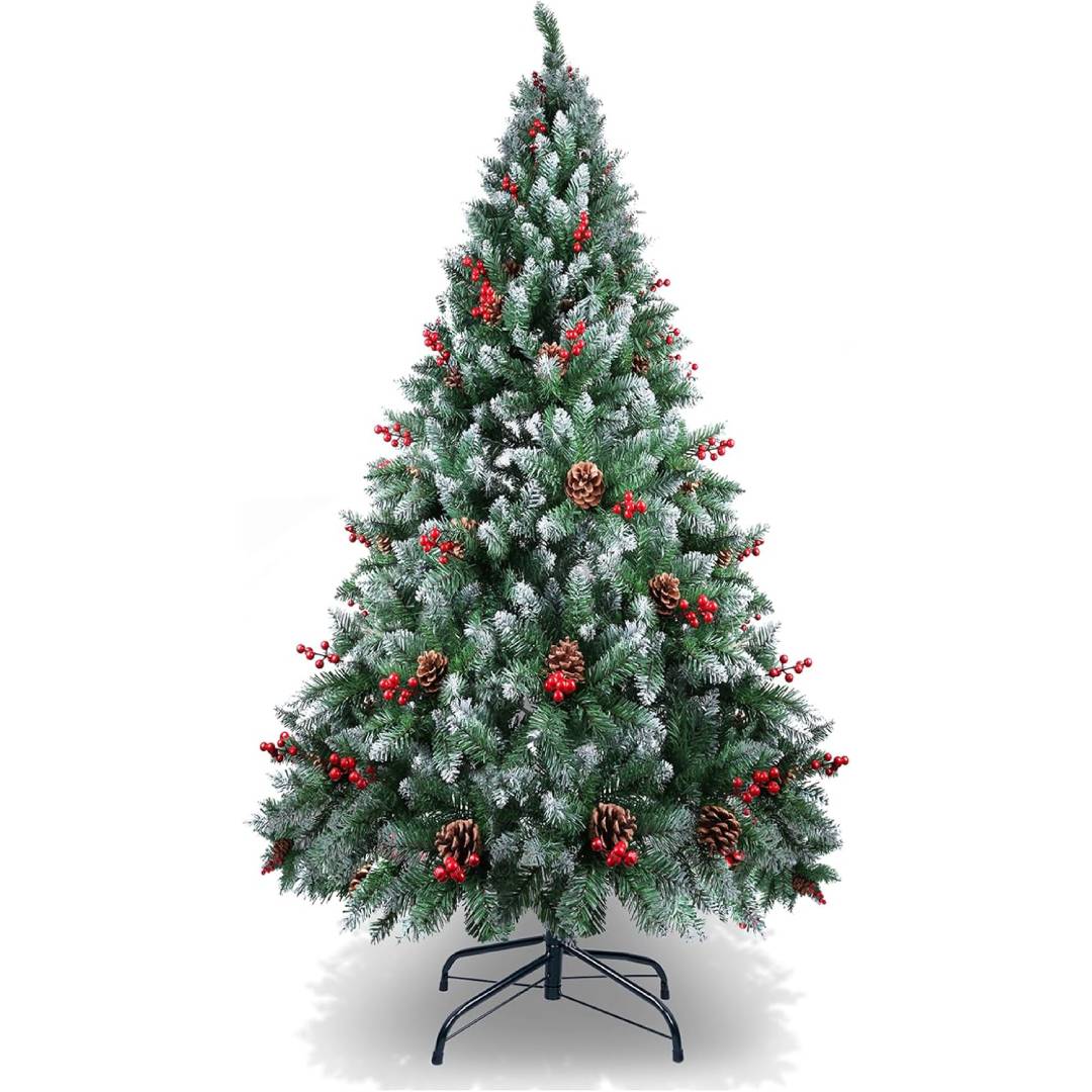 AGM 5ft Christmas Tree, 150CM Snow Flocked Artificial Christmas Tree, 450 Tips with Decorations for Christmas Indoor and Outdoor Holiday Decoration
