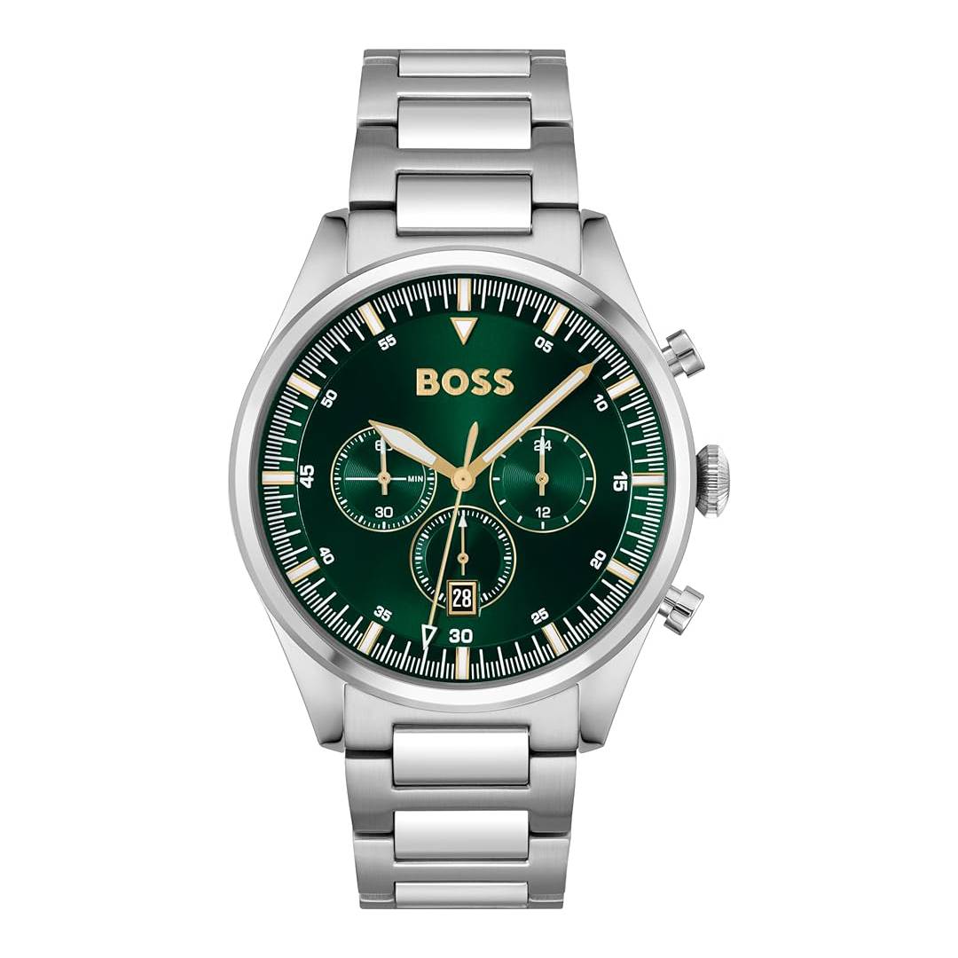 BOSS Chronograph Quartz Watch for Men PIONEER Collection with Silver Stainless Steel Bracelet