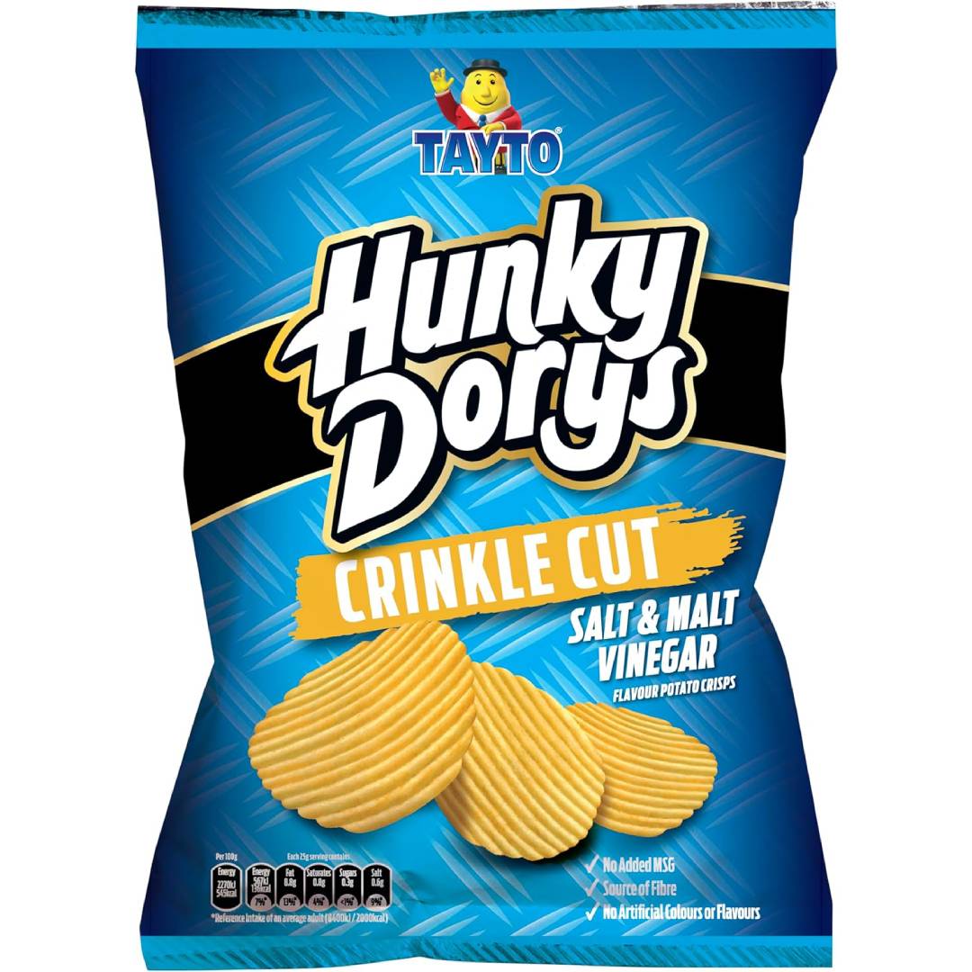 Tayto Hunky Dorys Crinkle Cut Salt & Malt Vinegar Flavour Potato Crisps 130g x 12