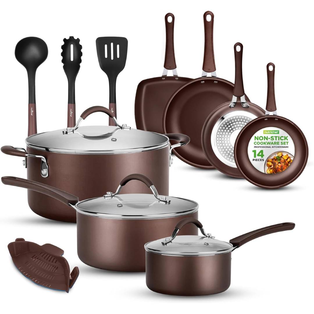 NutriChef NCCW14SBR Pots and Pans Set Cookware, Aluminum, Brown