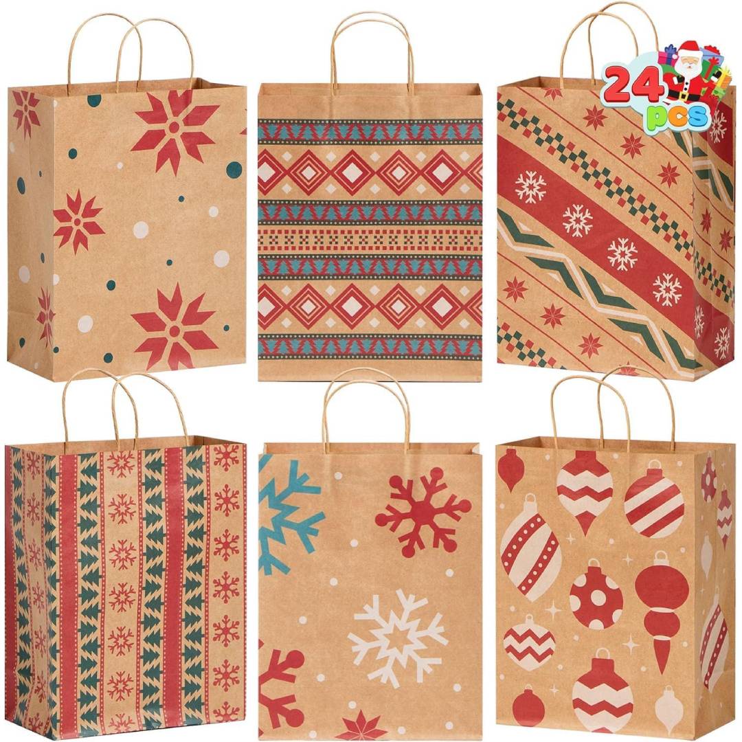JOYIN 24 PCS Christmas Kraft Gift Bags Xmas Holiday Paper Goody Wrap Shopping Bags with Handles for Holiday Presents, Giant Gifts Decorations, Classrooms and Party Favors (10 x 13 x 5)