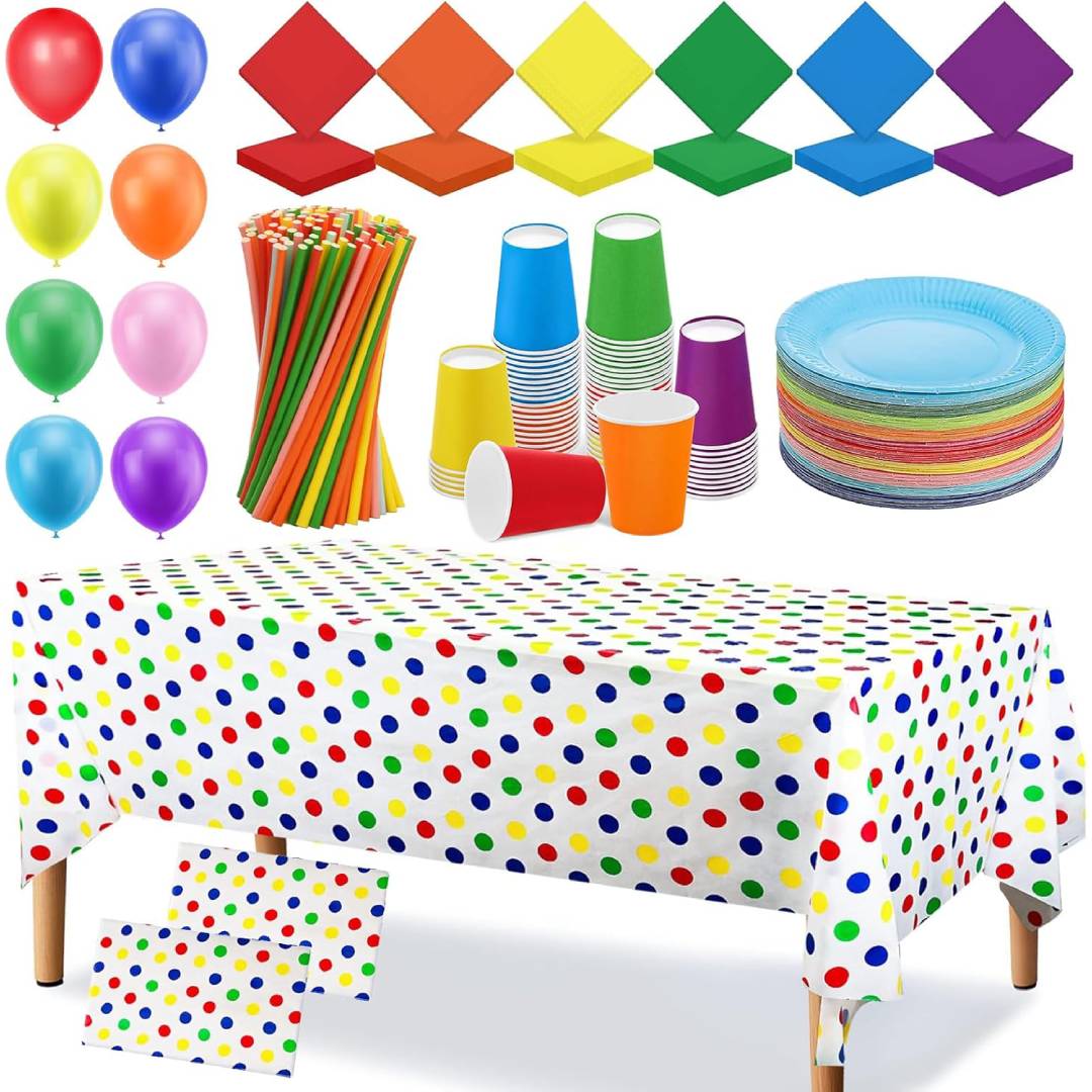292 Pack Colorful Rainbow Party Tableware Set - Paper Plates
