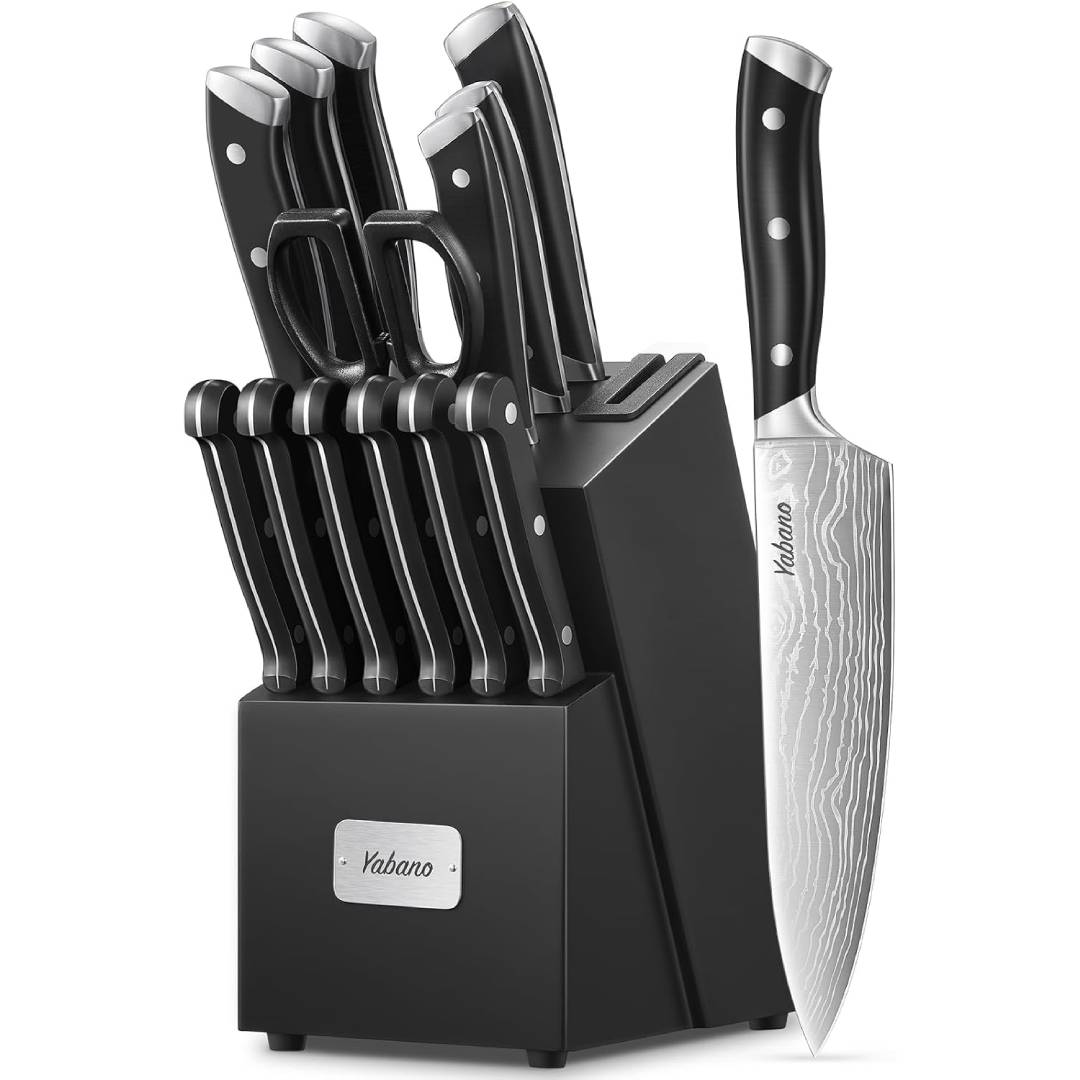 Yabano Knife Set, 14 Pieces Kitchen Knives Set with Built-in Sharpener Wooden Block