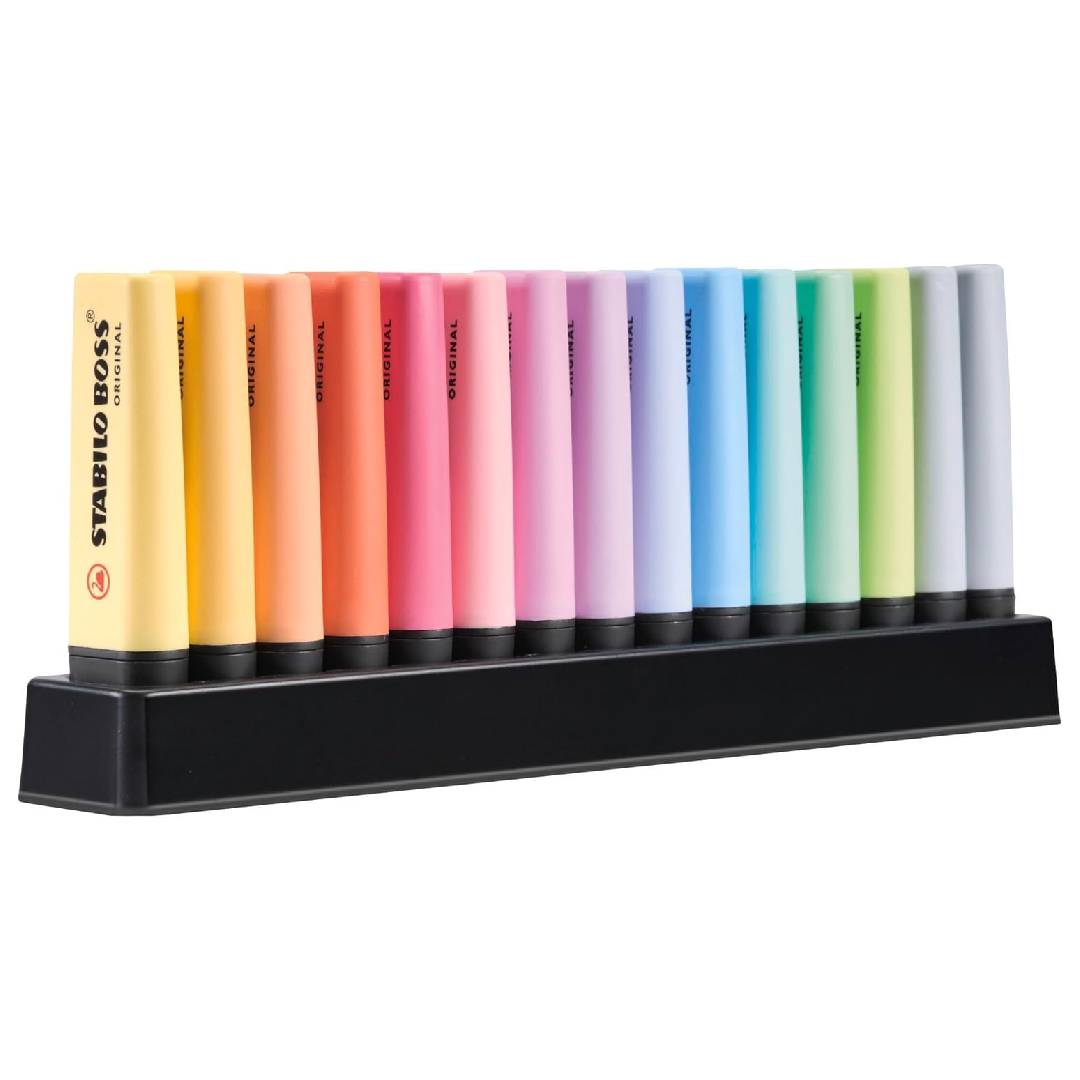 STABILO BOSS ORIGINAL Pastel - Highlighter - Deskset of 15 - with 14 Pastel Colours