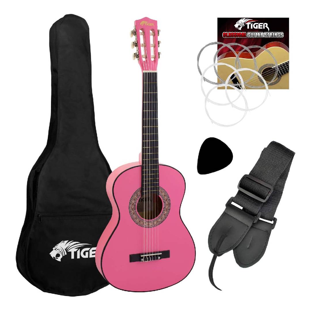 TIGER CLG4-PK 3/4 Size Classical Guitar Pack - Beginners Package with Accessories - Pink