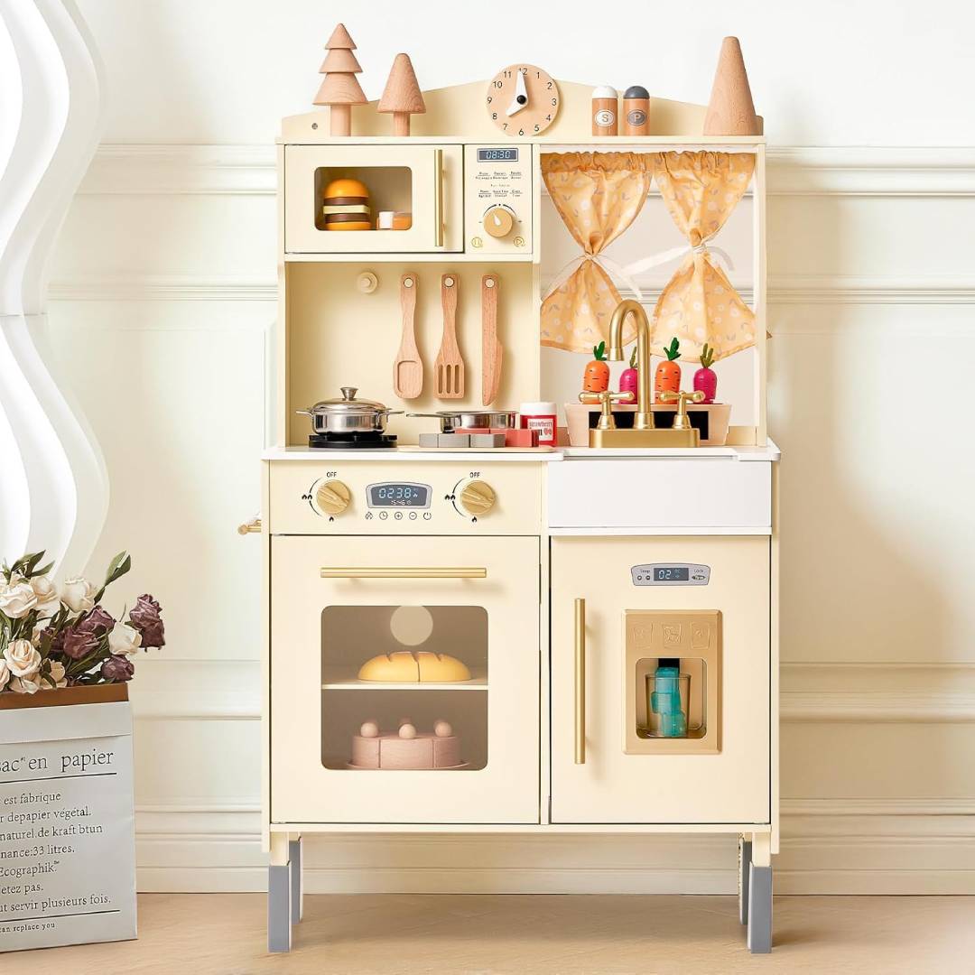 Giant bean KinderKüche Wooden Play Kitchen for Children, Equipped with Microwave, Sink, Ice Maker, Oven, Cookware, Kitchen Accessories, Role Play Food Toy for Boys and Girls from 3 Years