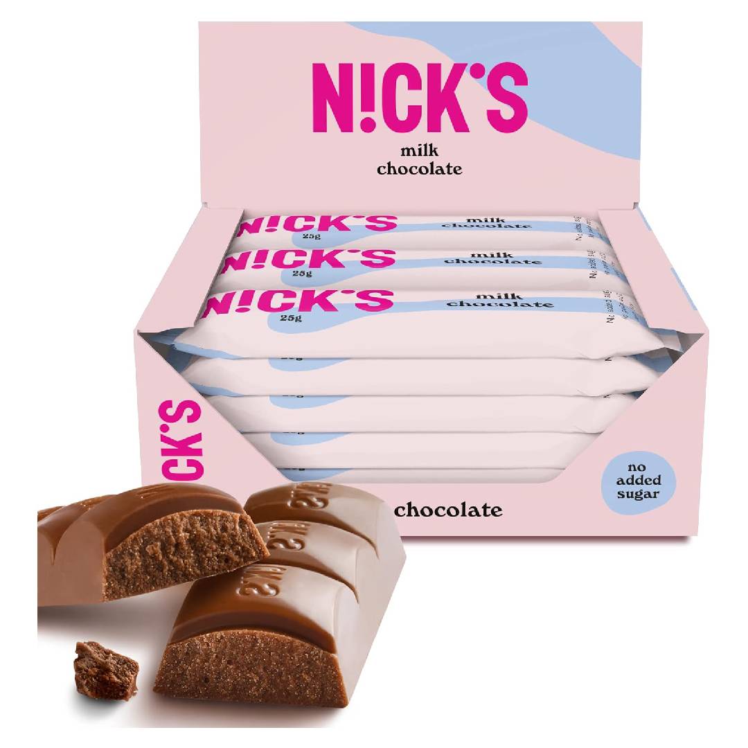 NICKS Milk Chocolate Keto Bars Without Added Sugar, 3.4g Net Carbohydrates, 112 Kcal, Low Carb Sweets, Gluten-Free Snack Bar (15x25g)