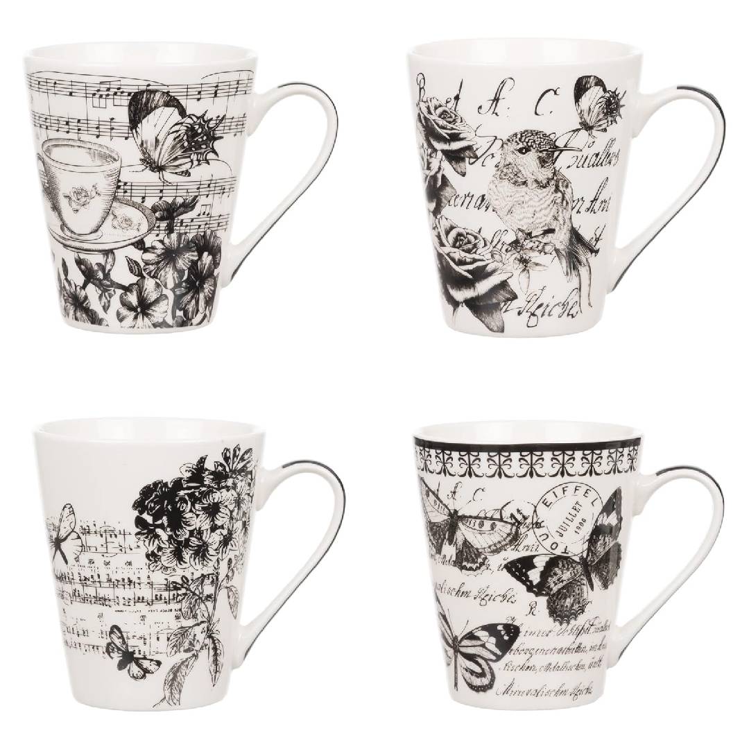 Invero Set of 4 Kitchen Vintage Printed Design Stoneware Mugs Cups 10.5oz