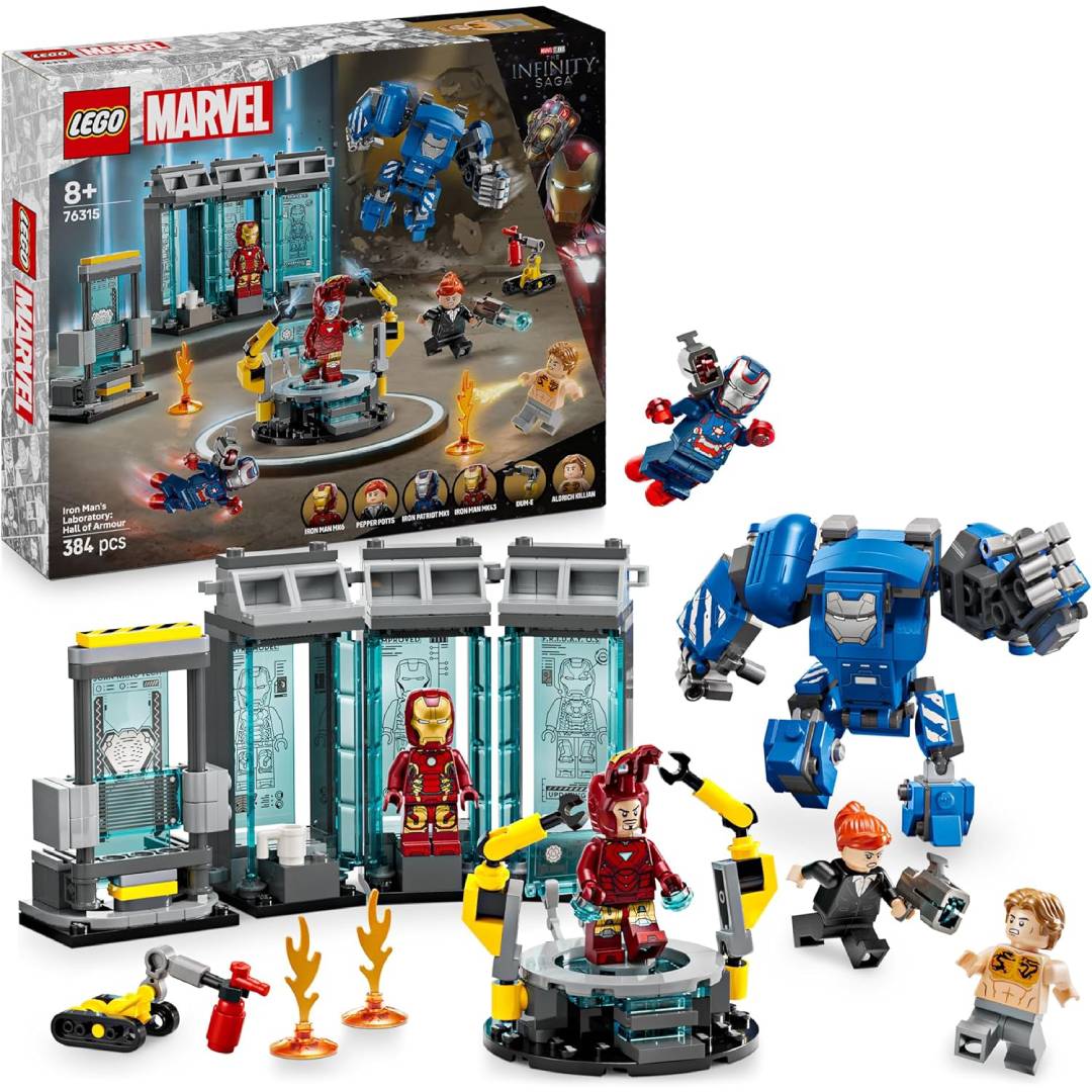 LEGO | Marvel Iron Man Lab: Room of Armor, Superhero Building Toy with Articulated Mecca Figure and 5 Minifigures
