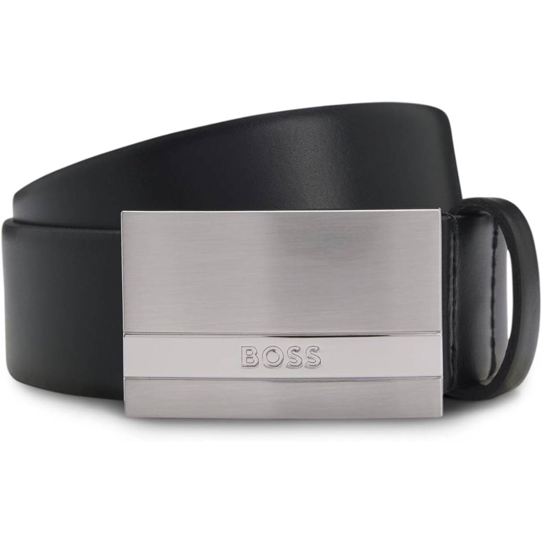 BOSS Mens Baxton Sz35 Italian-leather belt with logo-plaque buckle