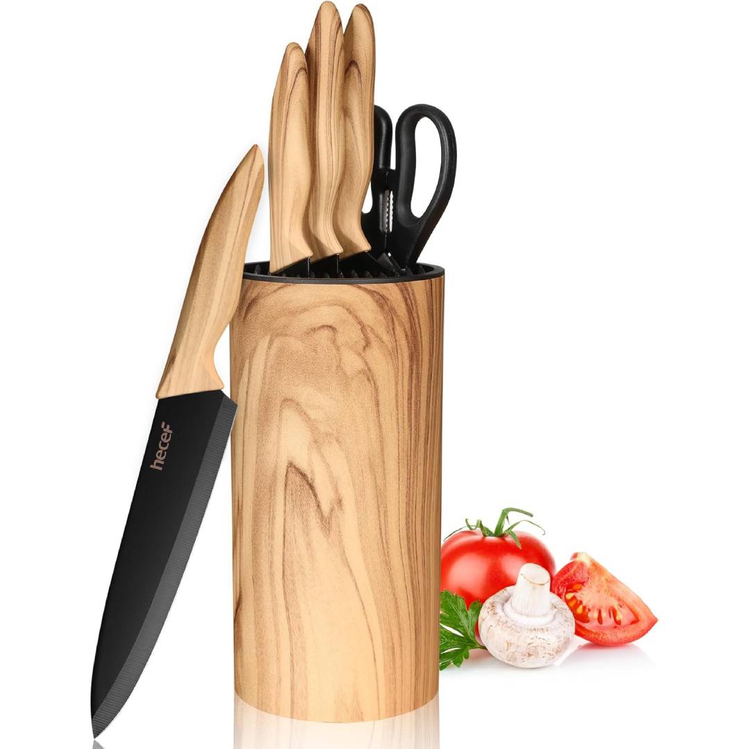 hecef 6-Piece Kitchen Knife Set with Universal Block