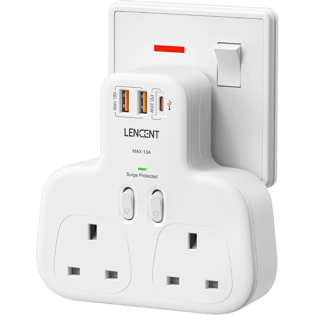 LENCENT Double Plug Adaptor With 3 USB Slots