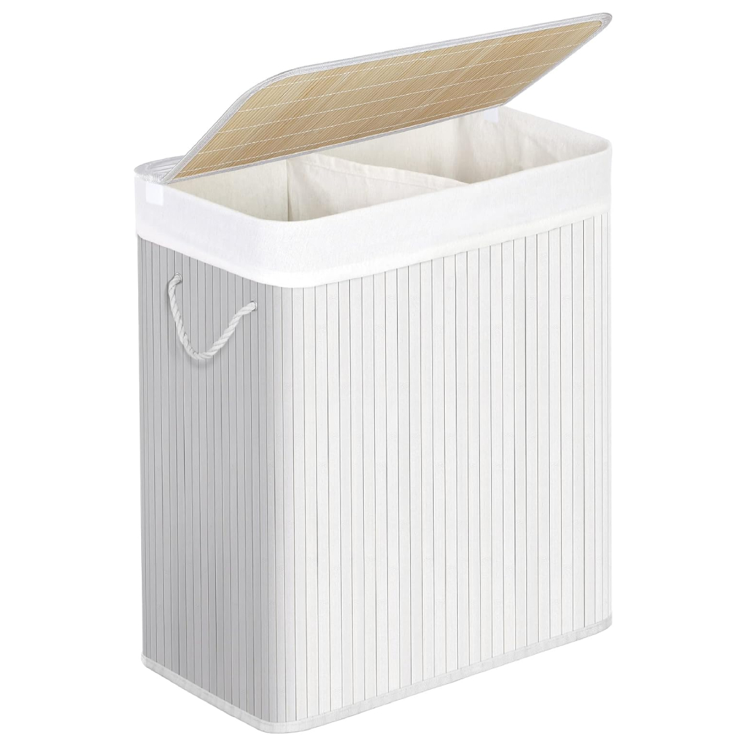 SONGMICS bamboo laundry basket 100L dual compartment lid removable bag