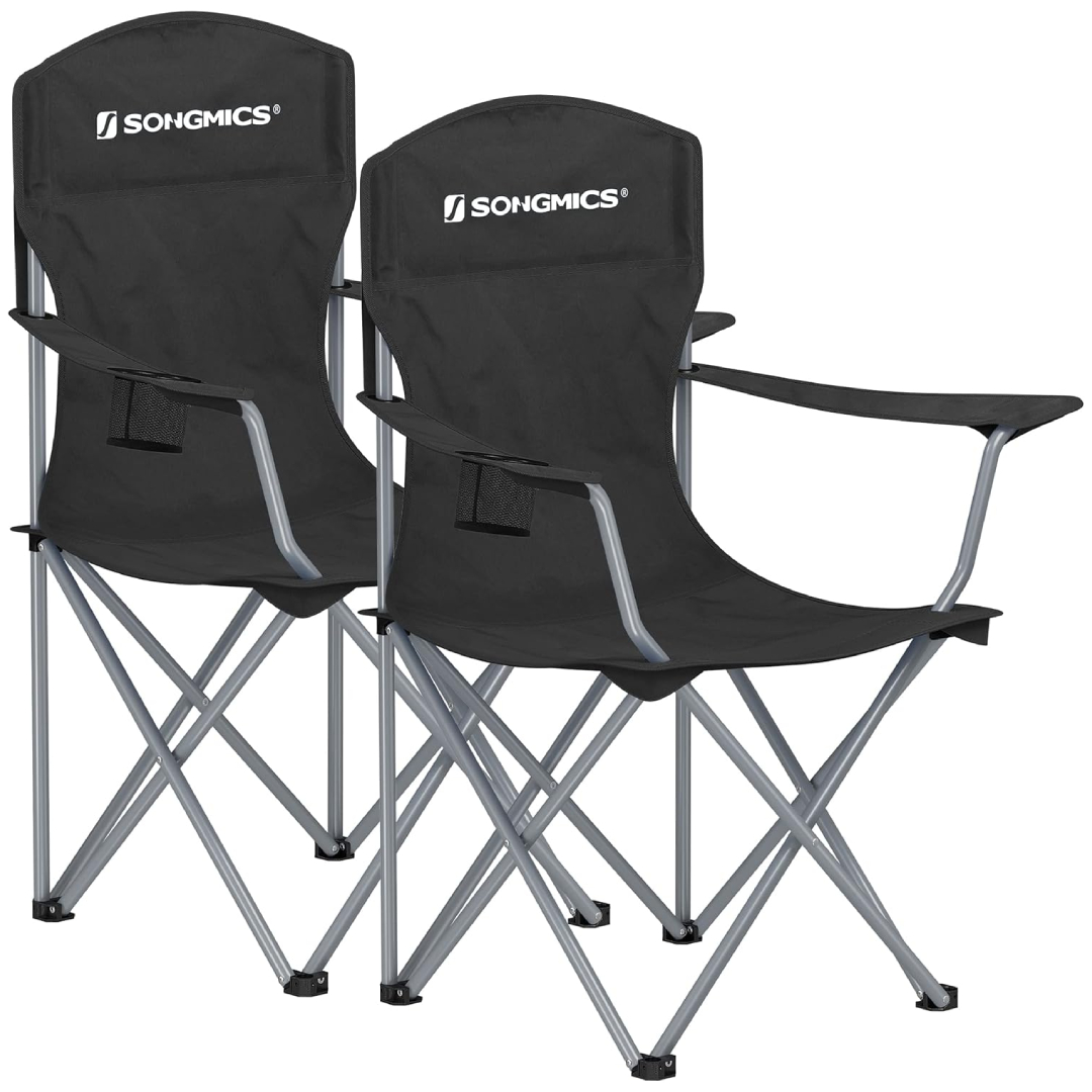 SONGMICS folding camping chairs set of 2 high back 150kg drink holder portable