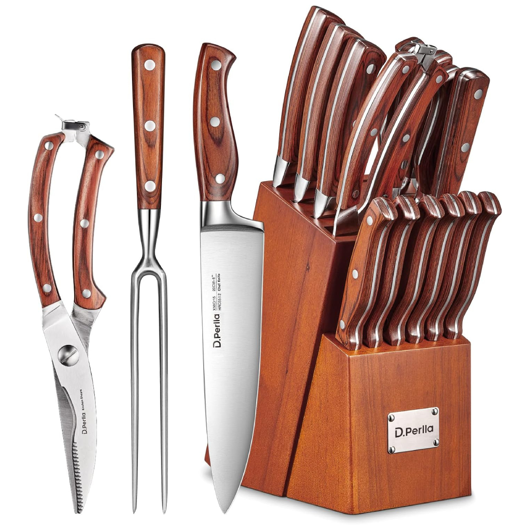 D.Perlla 16-piece knife block set German high-carbon steel acacia wood