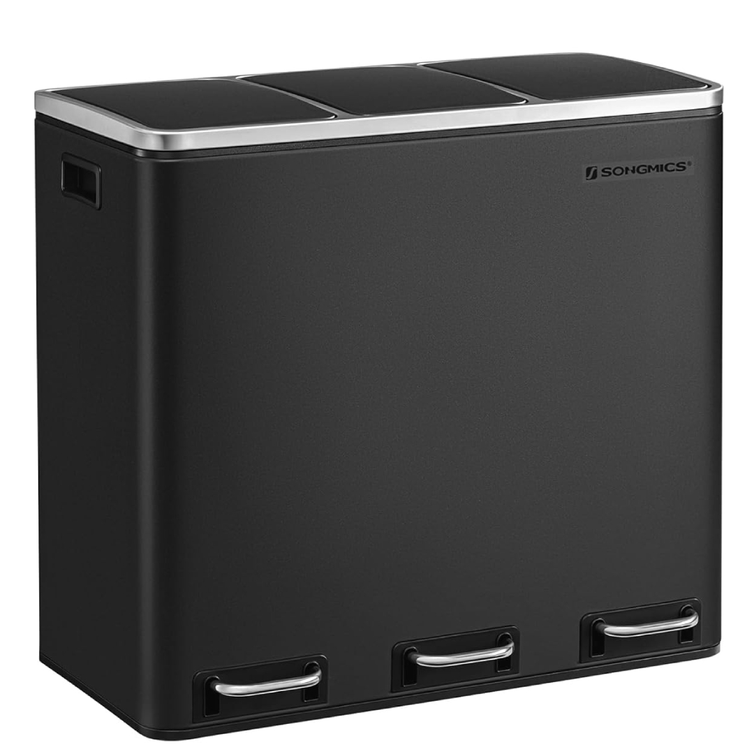 SONGMICS 54L triple kitchen recycling bin 3 compartments soft-close pedal inner buckets