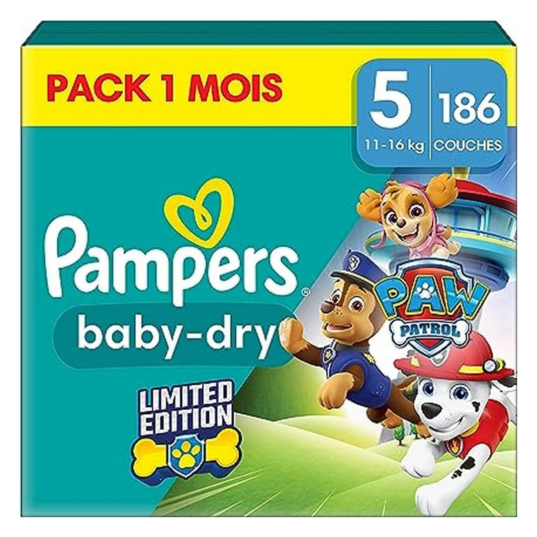 Pampers Baby-Dry nappies size 5 Paw Patrol 186 pack 12-hour leak protection