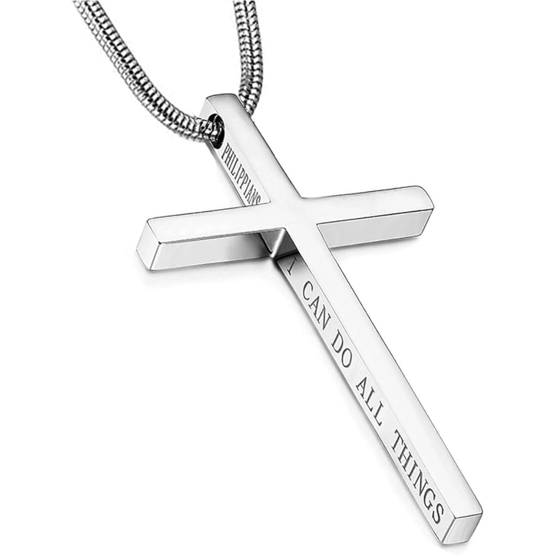 Philippians cross pendant necklace stainless steel engraved bible verse men women