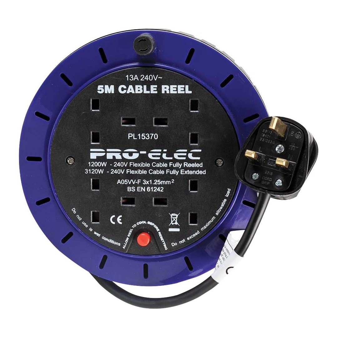 Pro Elec 4 socket cassette reel 5m indoor extension lead