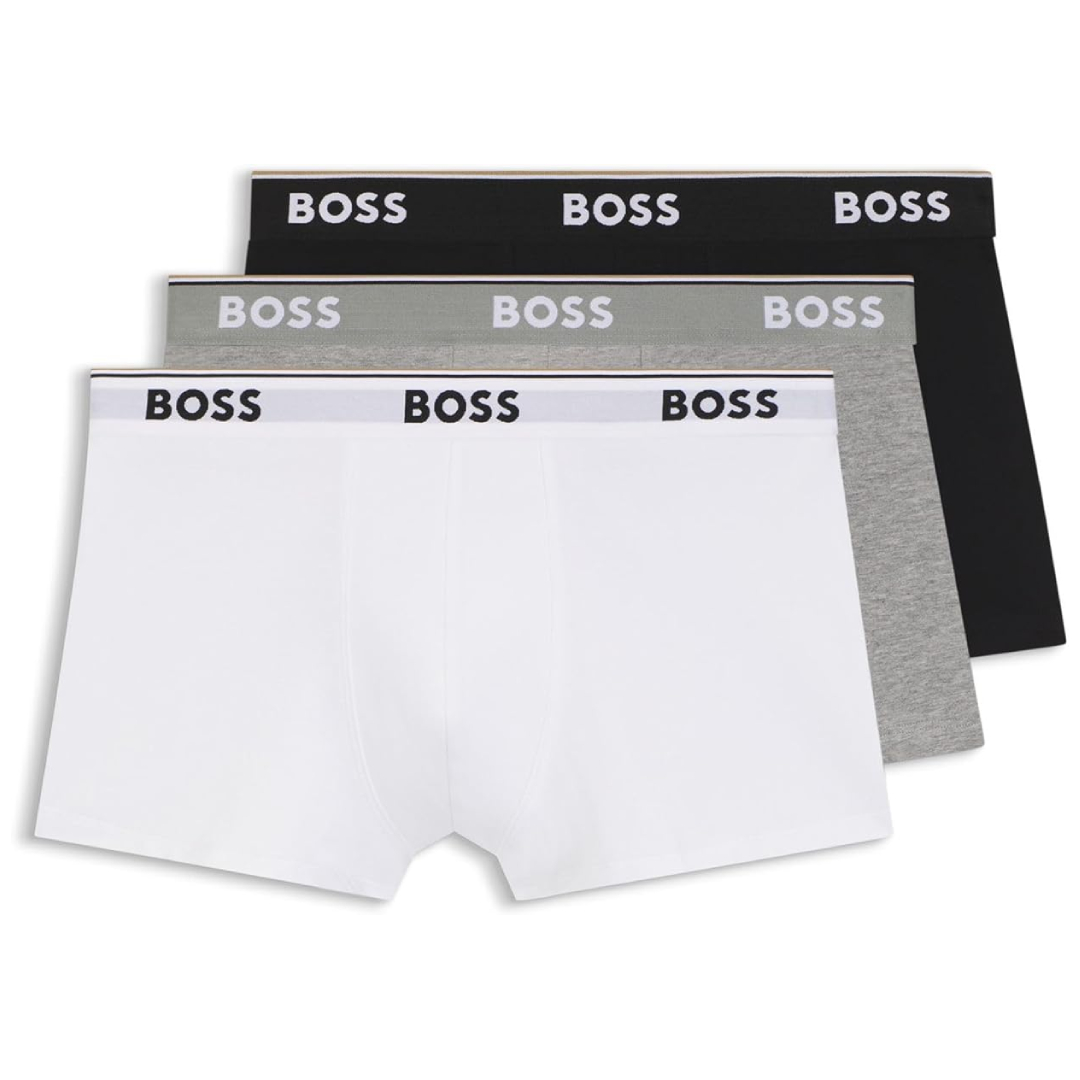 BOSS men's trunks 3-pack stretch cotton logo waistband white grey black