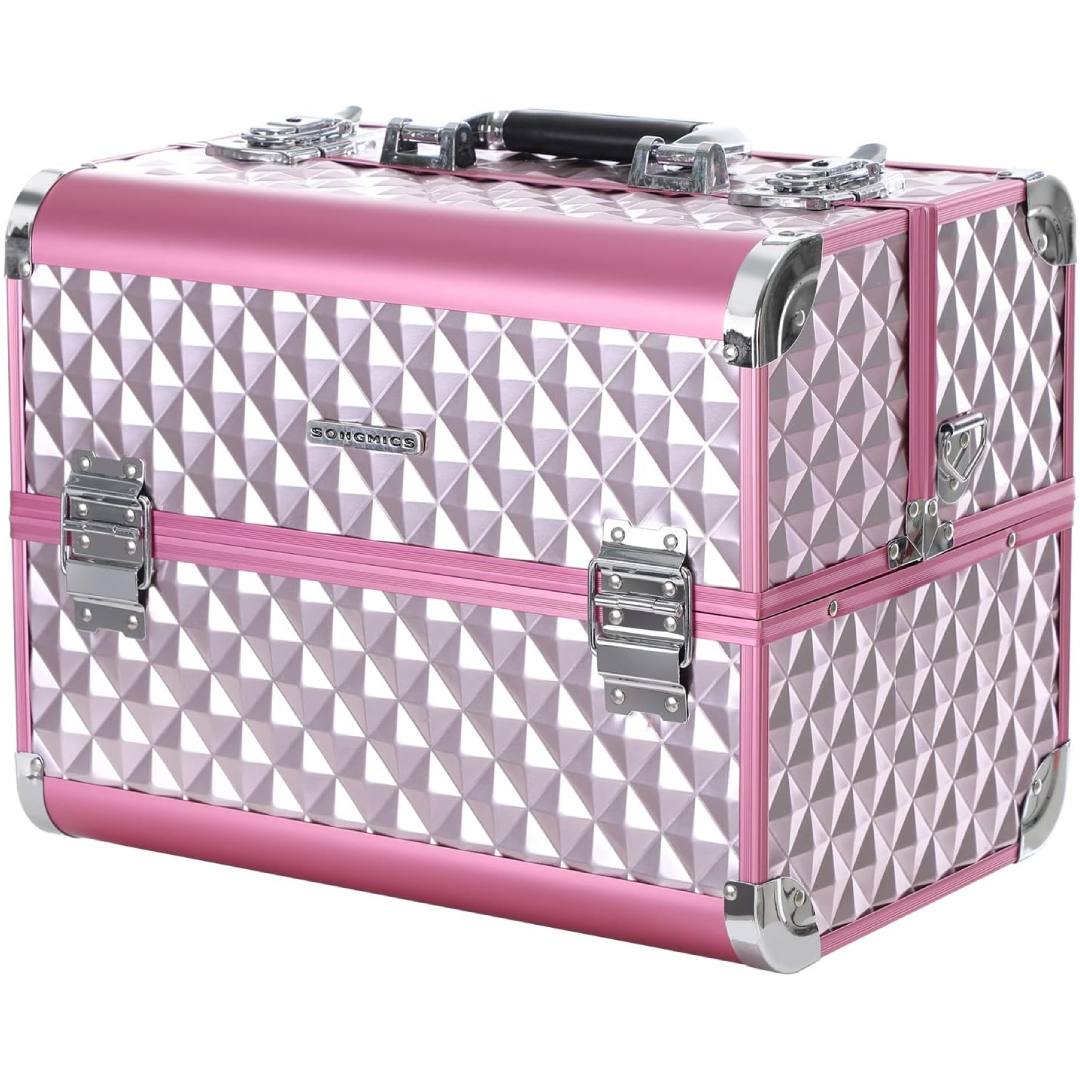 SONGMICS makeup vanity case fold-out compartments lockable aluminium frame diamond pattern