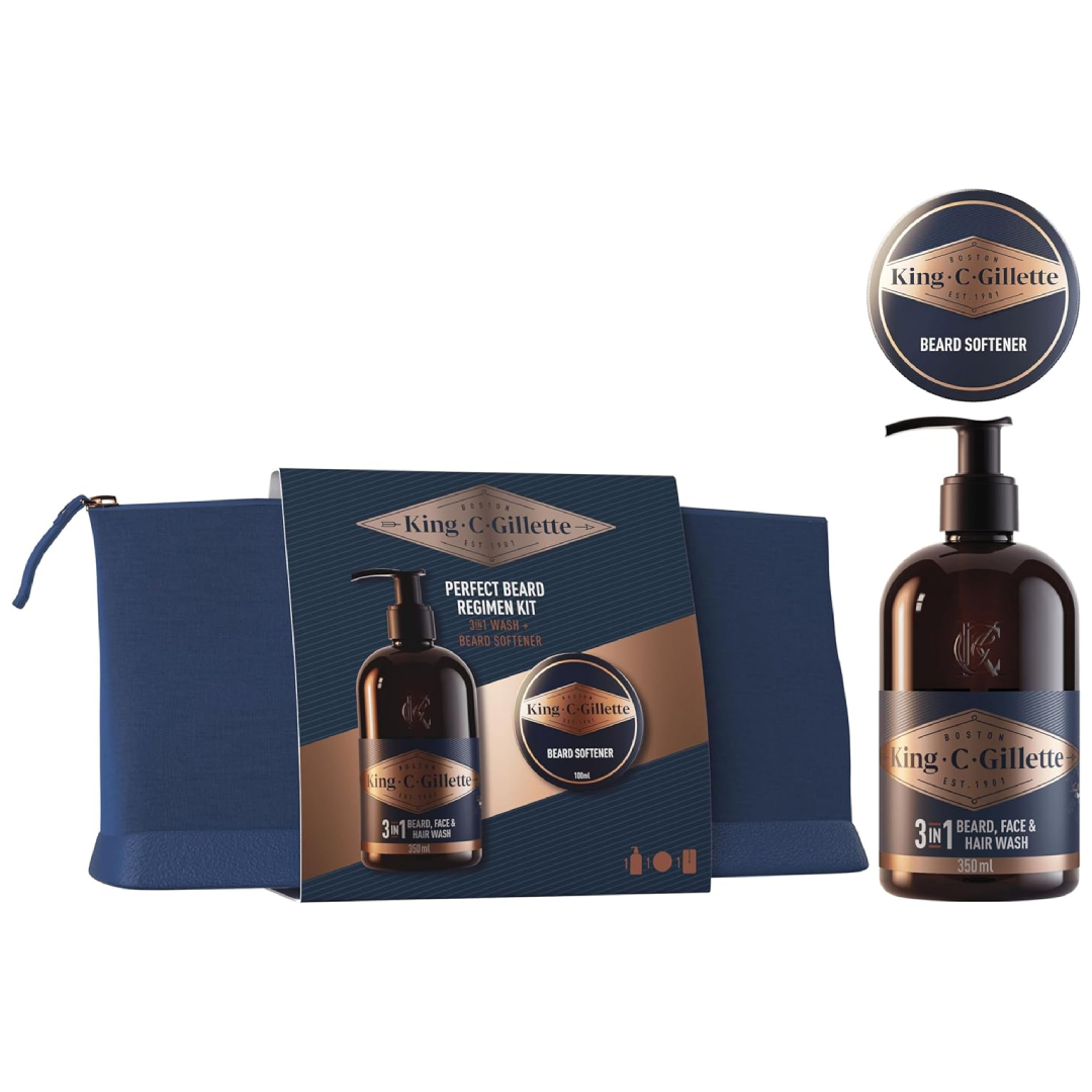 King C. Gillette beard kit 3-in-1 cleanser beard balm travel pouch sandalwood