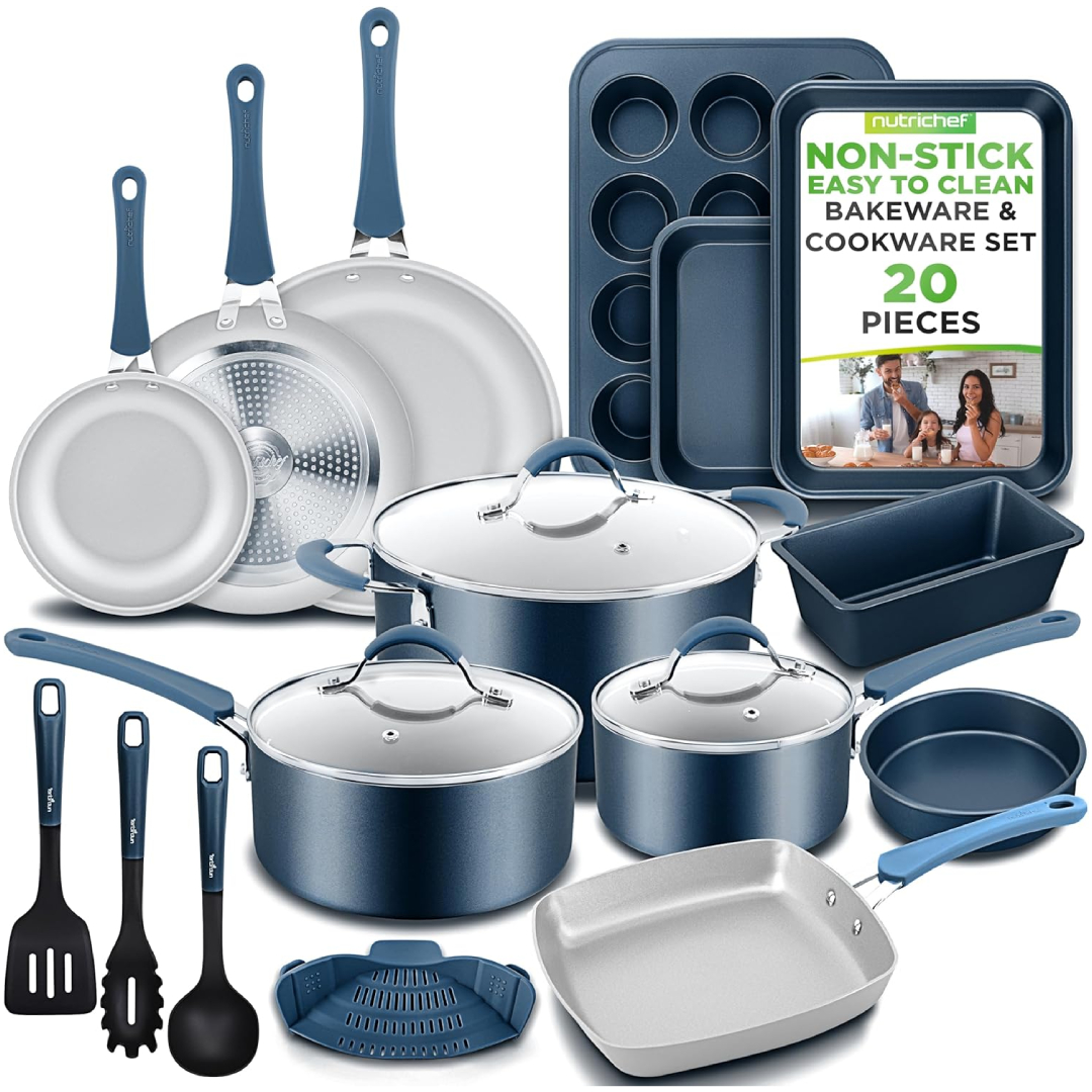Nutrichef 20 piece pots and pans set induction navy blue