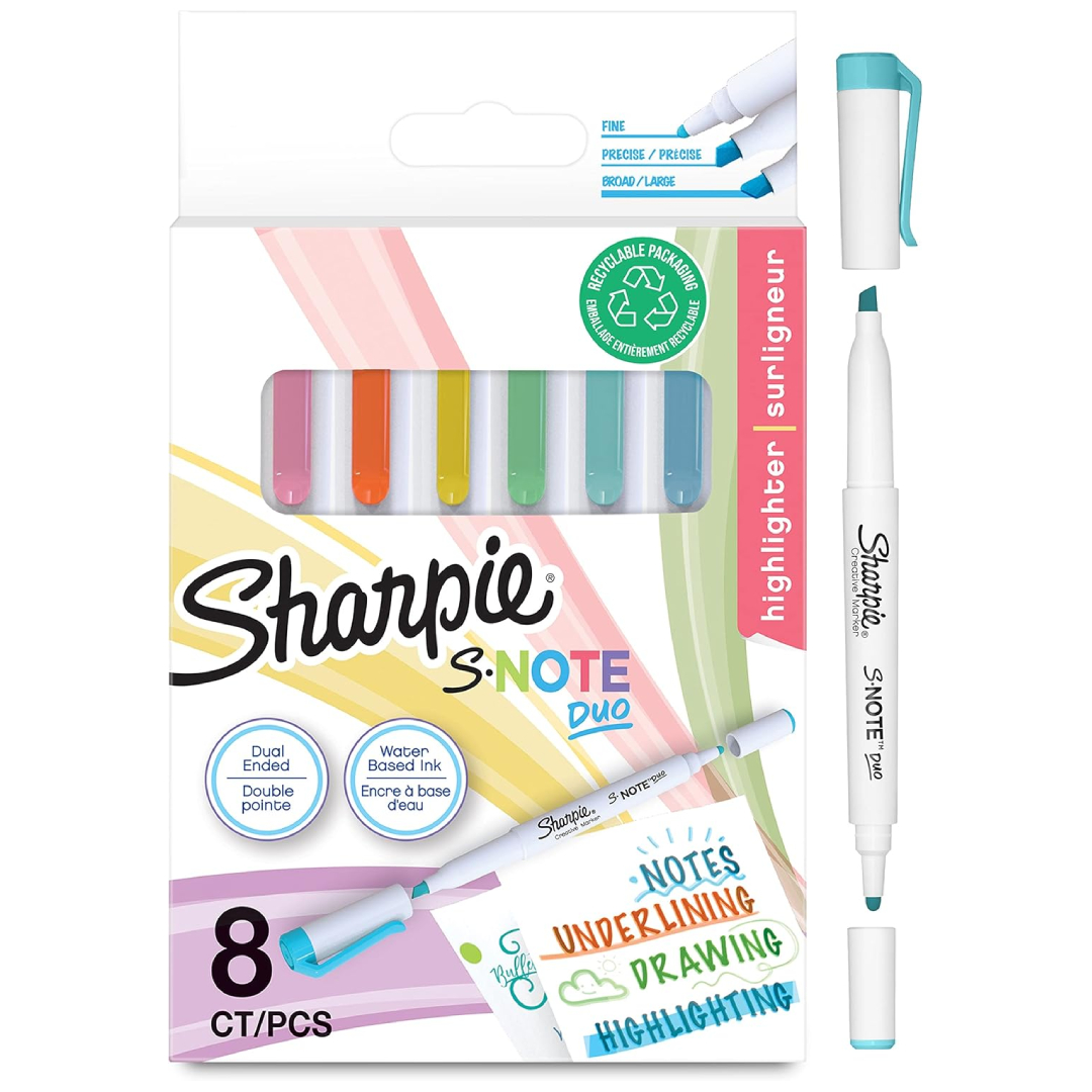 Sharpie S-Note Duo highlighters 8-pack dual tip pastel no-bleed water-based markers
