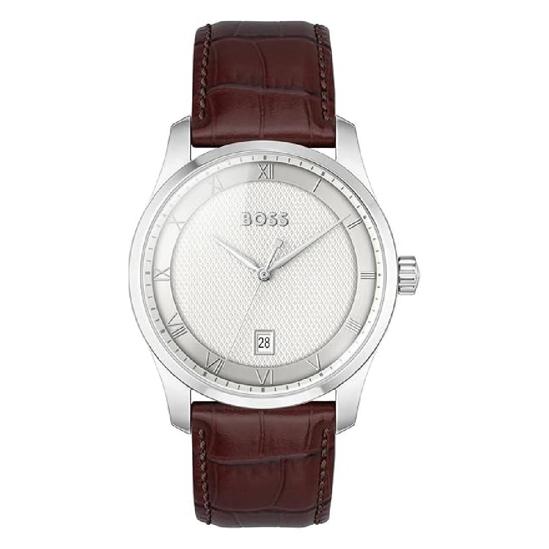 BOSS Three Hand Quartz Movement Watch for Men PRINCIPLE Collection with Brown Leather Strap - 1514114