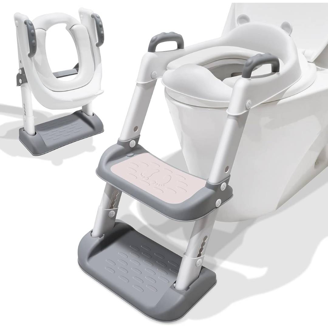 Toddler Toilet Seat Potty Training, Potty Training Toilet Seat with Step Anti Splash Soft Cushion Handle and Foldable for Kids Boys Child Toilet Training in Bathroom Grey and White