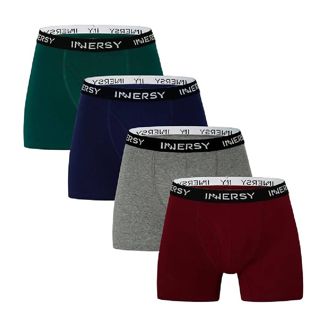NNERSY Men's Cotton Boxer Shorts Long Retro Shorts Underwear with Fly Pack of 4