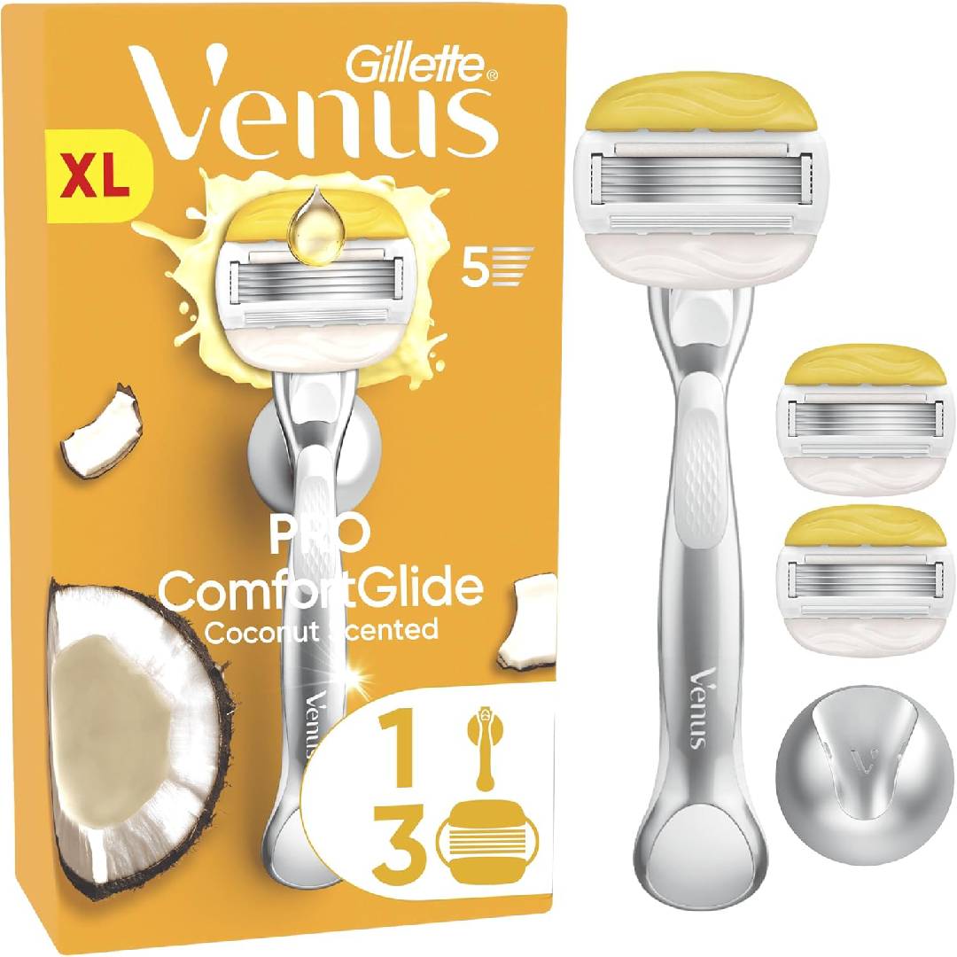 Gillette Venus ComfortGlide with Olay 2-in-1 Razor for Women + 3 Refill Blades, Shaving Gel Bar Starter Kit
