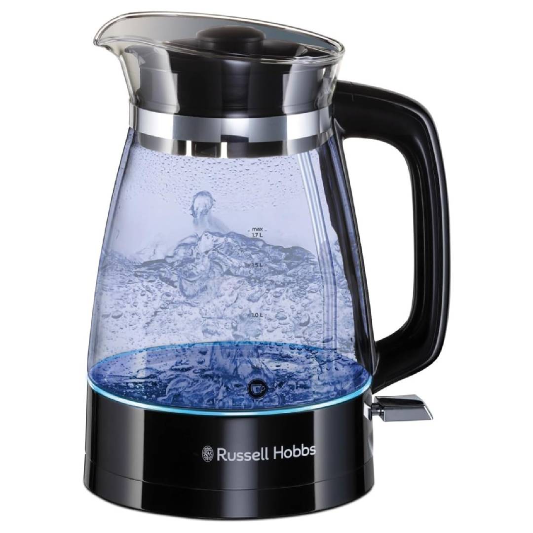 Russell Hobbs Carafe Style 1.7L Cordless Electric Glass Kettle with black handle