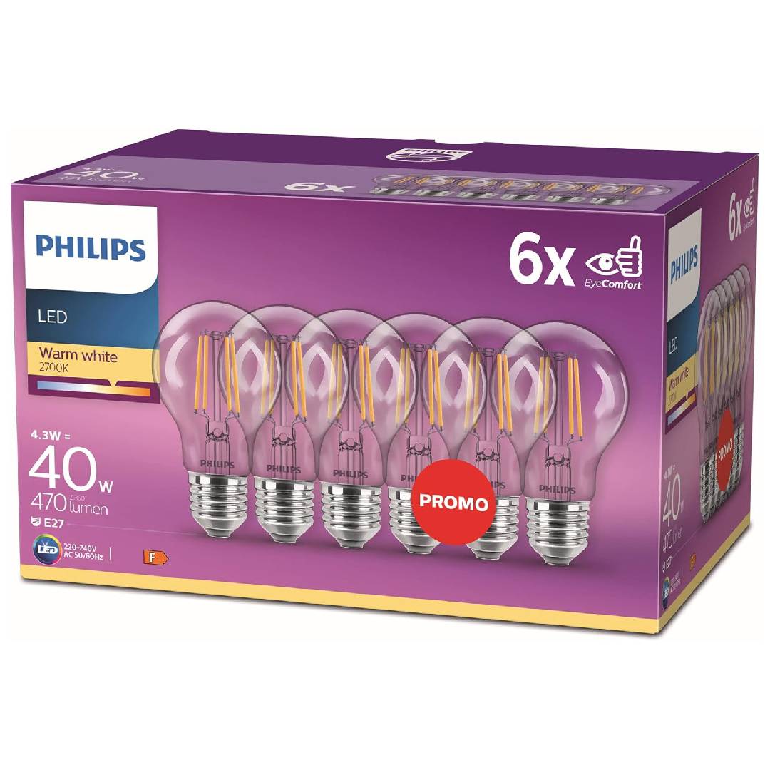 Philips LED Classic E27 Filament Lamps 6-pack (40W)