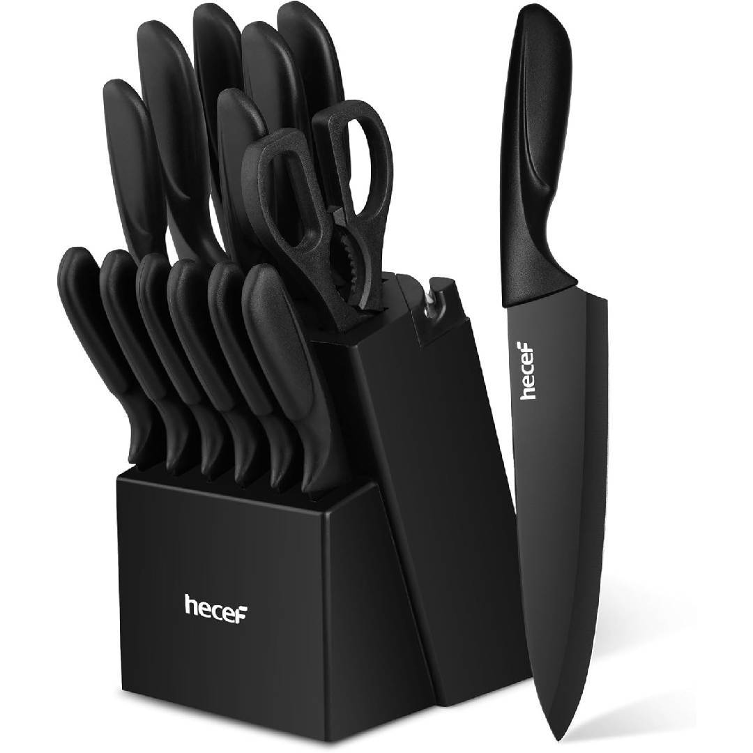 hecef Professional Knife Block Set with Built-in Sharpener