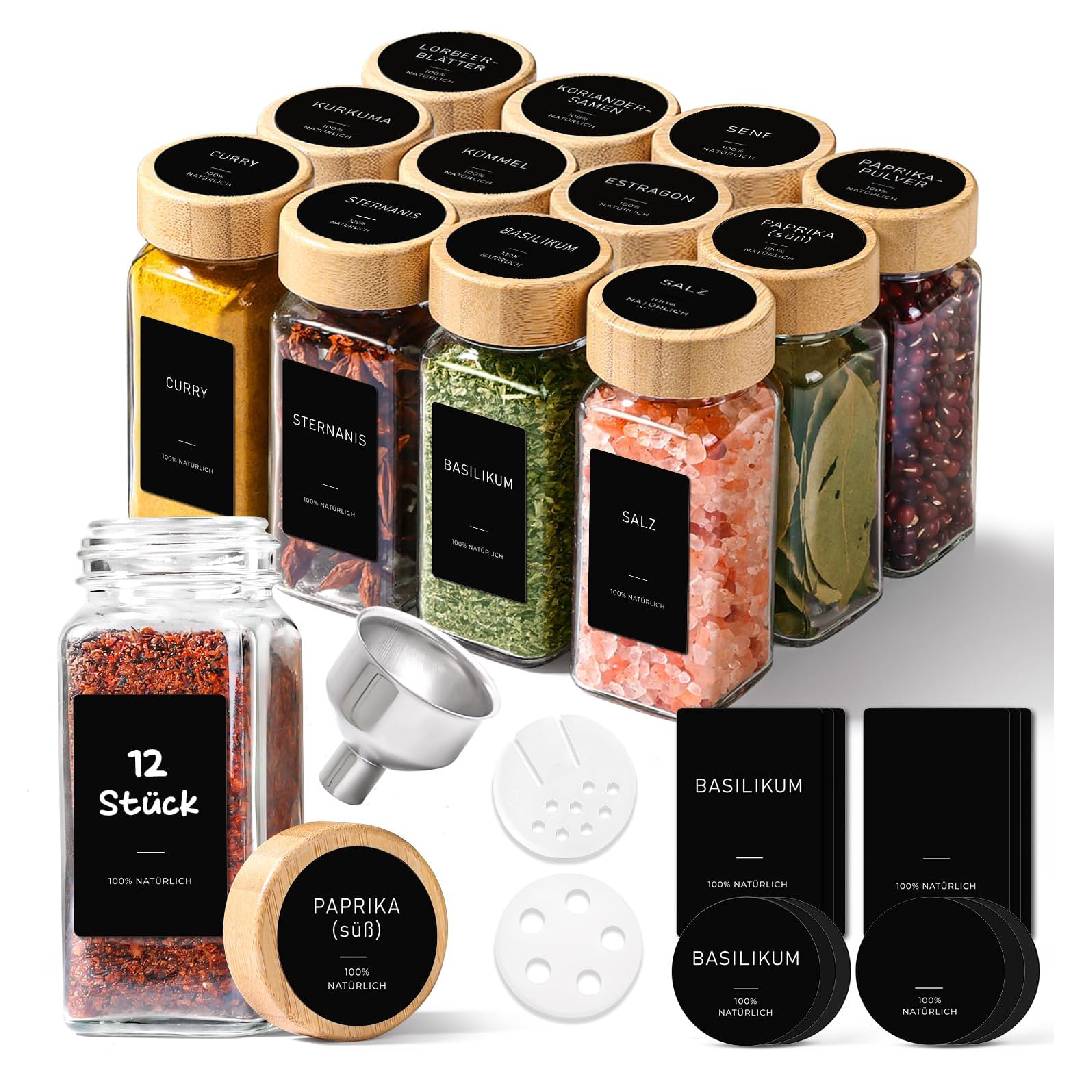 ComSaf glass spice jars 120ml set of 12 for kitchen spice storage