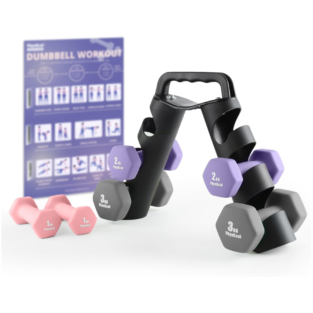 PhysKcal dumbbell set with storage rack