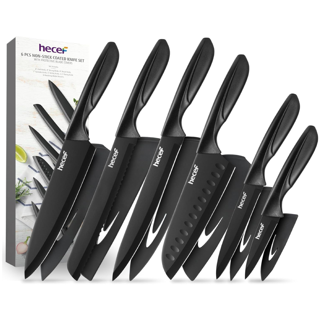 hecef 6 piece kitchen knife set with covers