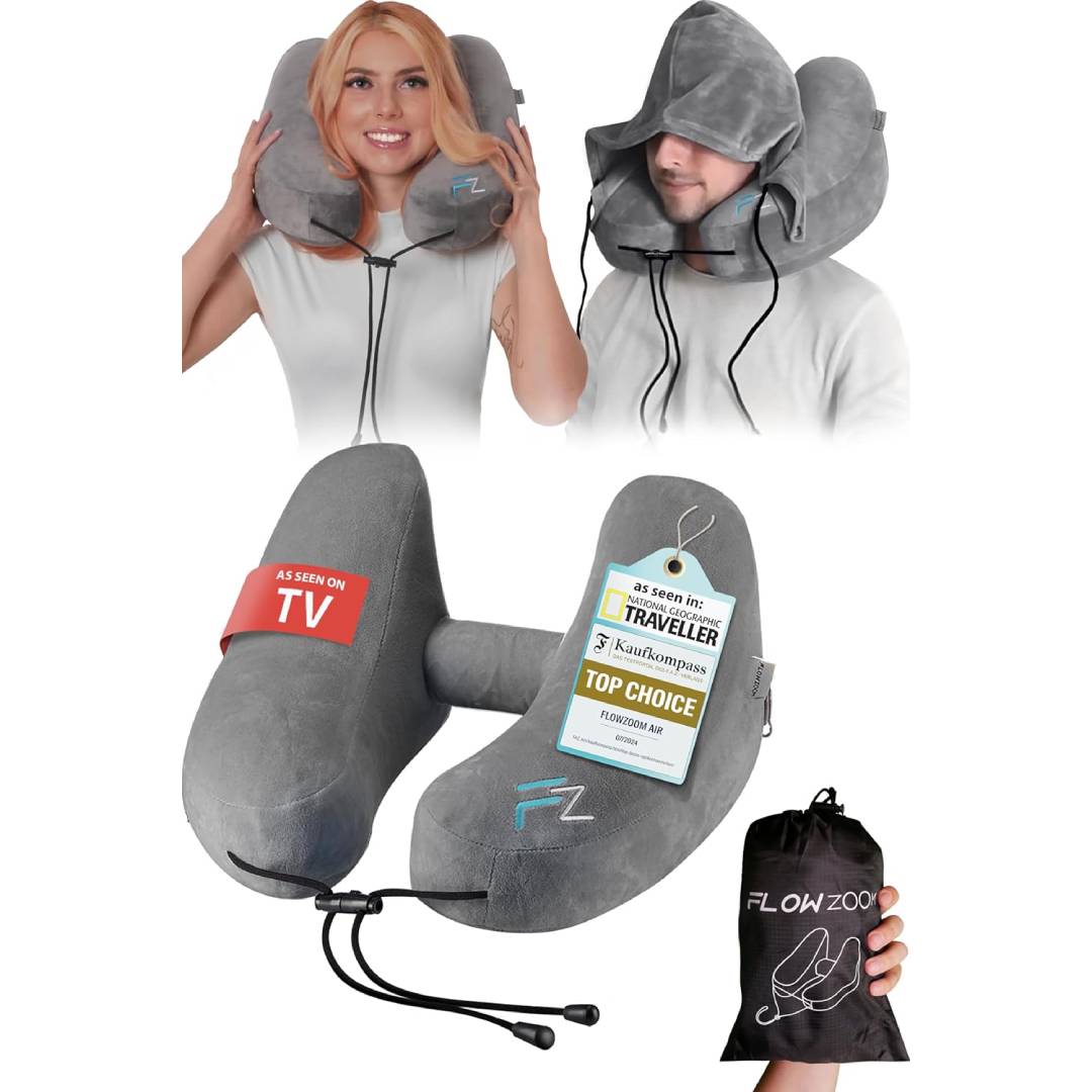 FLOWZOOM AIR Travel Neck Pillow for Airplane Inflatable Hooded Grey Size L