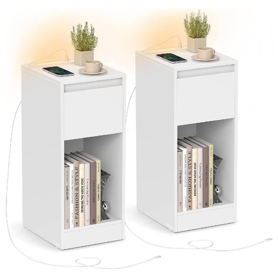VASAGLE Slim Bedside Tables with Charging Station and LED Light